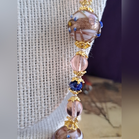 VTG Style Pink Rose & Wedding Cake ART GLASS BEADED NECKLACE 26" GF and Vermeil - Picture 8 of 11